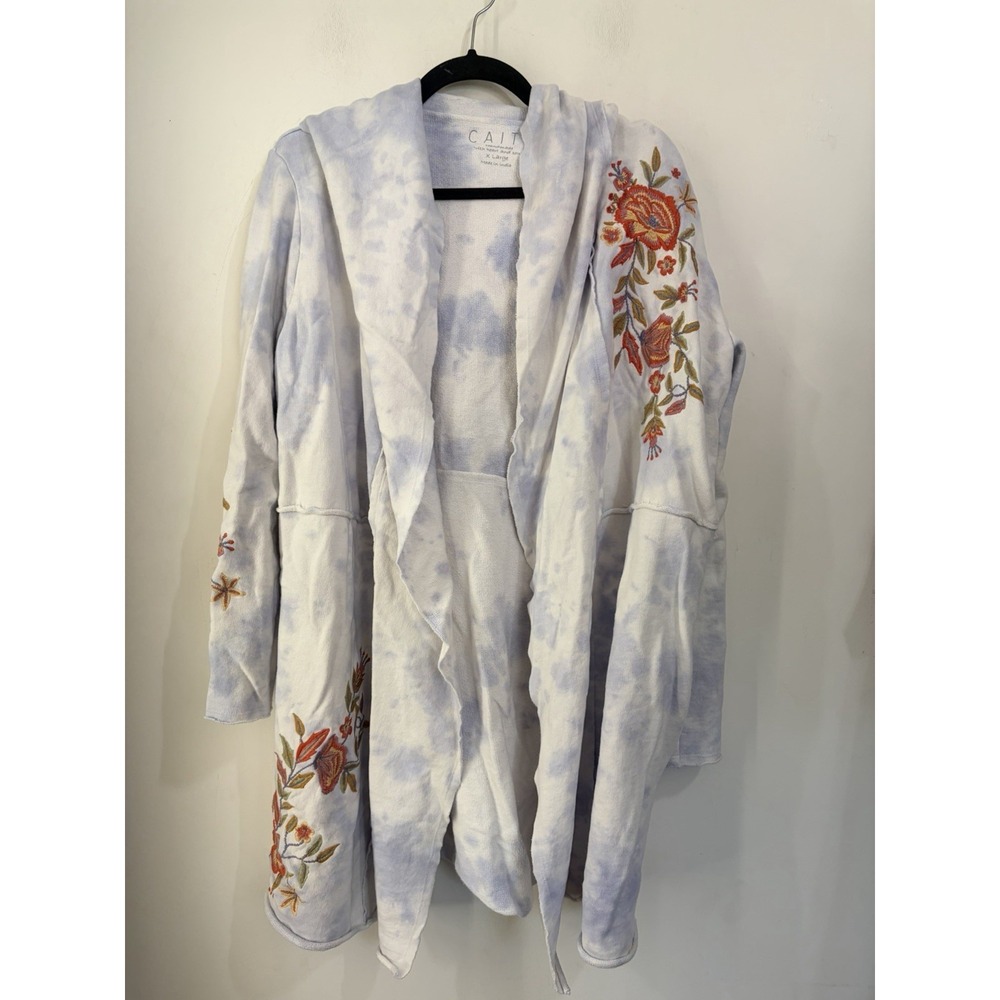 CAITE Karyn Seo Hooded Cardigan Floral Embroidered Boho White Cotton L
